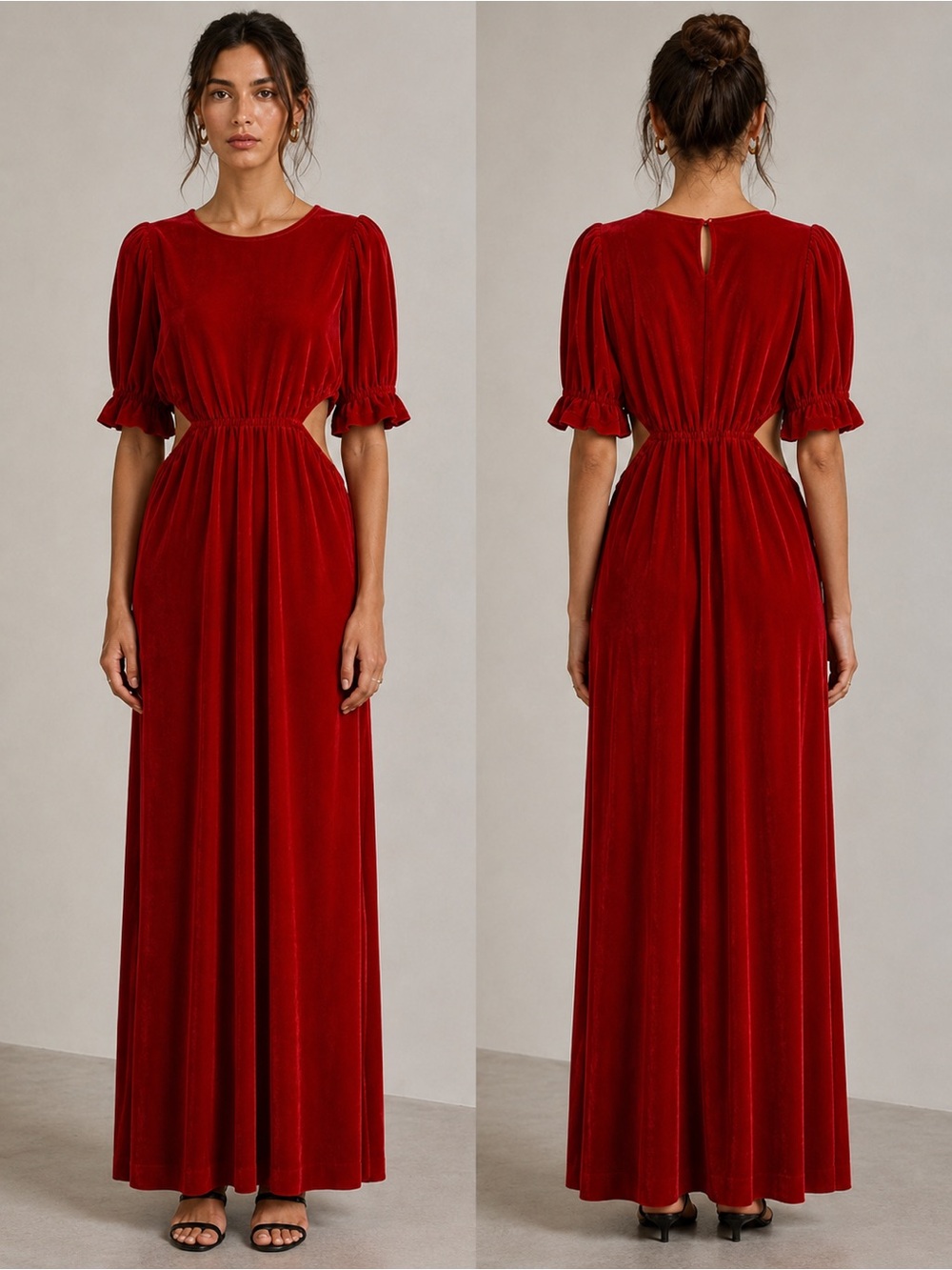 THE ODELLS Red Velvet Smocked Maxi Dress